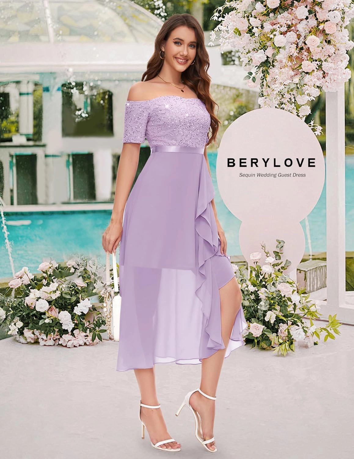 BeryLove Women Sequin Formal Party Dress Off Shoulder Wedding Cocktail Midi Evening Dress