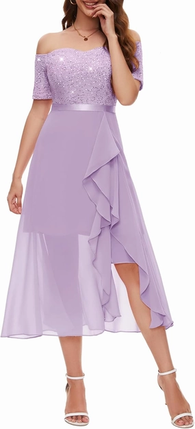 BeryLove Women Sequin Formal Party Dress Off Shoulder Wedding Cocktail Midi Evening Dress