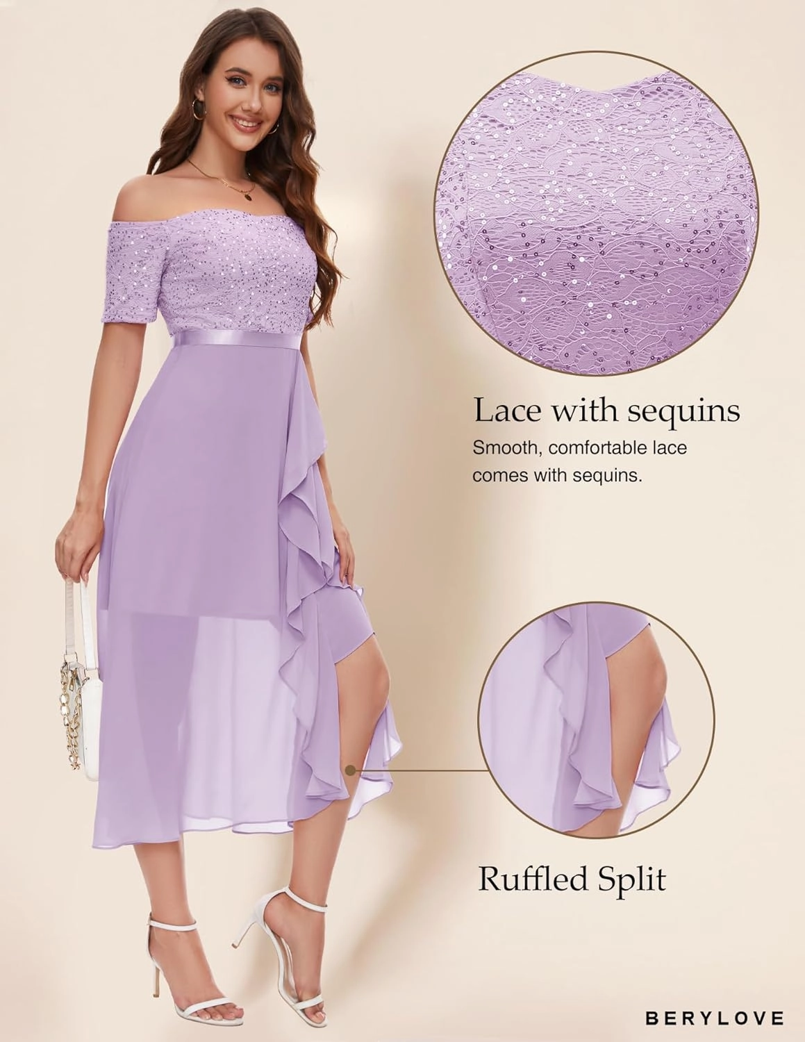 BeryLove Women Sequin Formal Party Dress Off Shoulder Wedding Cocktail Midi Evening Dress