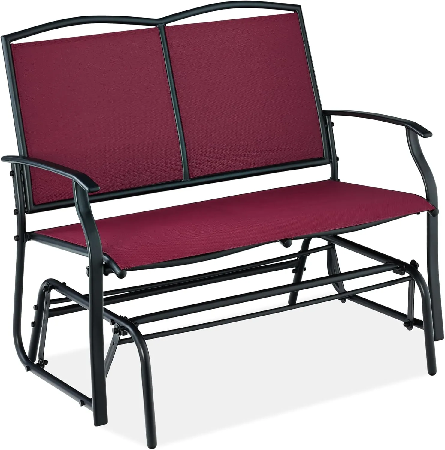 Best Choice Products 2-Person Outdoor Patio Swing Glider Steel Bench Loveseat Rocker for Deck, Porch w/Textilene Fabric, Steel Frame - Burgundy/Black
