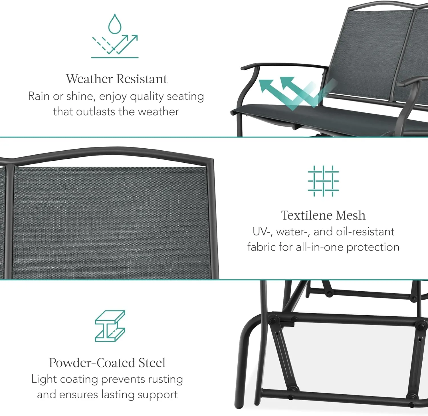 Best Choice Products 2-Person Outdoor Patio Swing Glider Steel Bench Loveseat Rocker for Deck, Porch w/Textilene Fabric, Steel Frame - Dark Gray