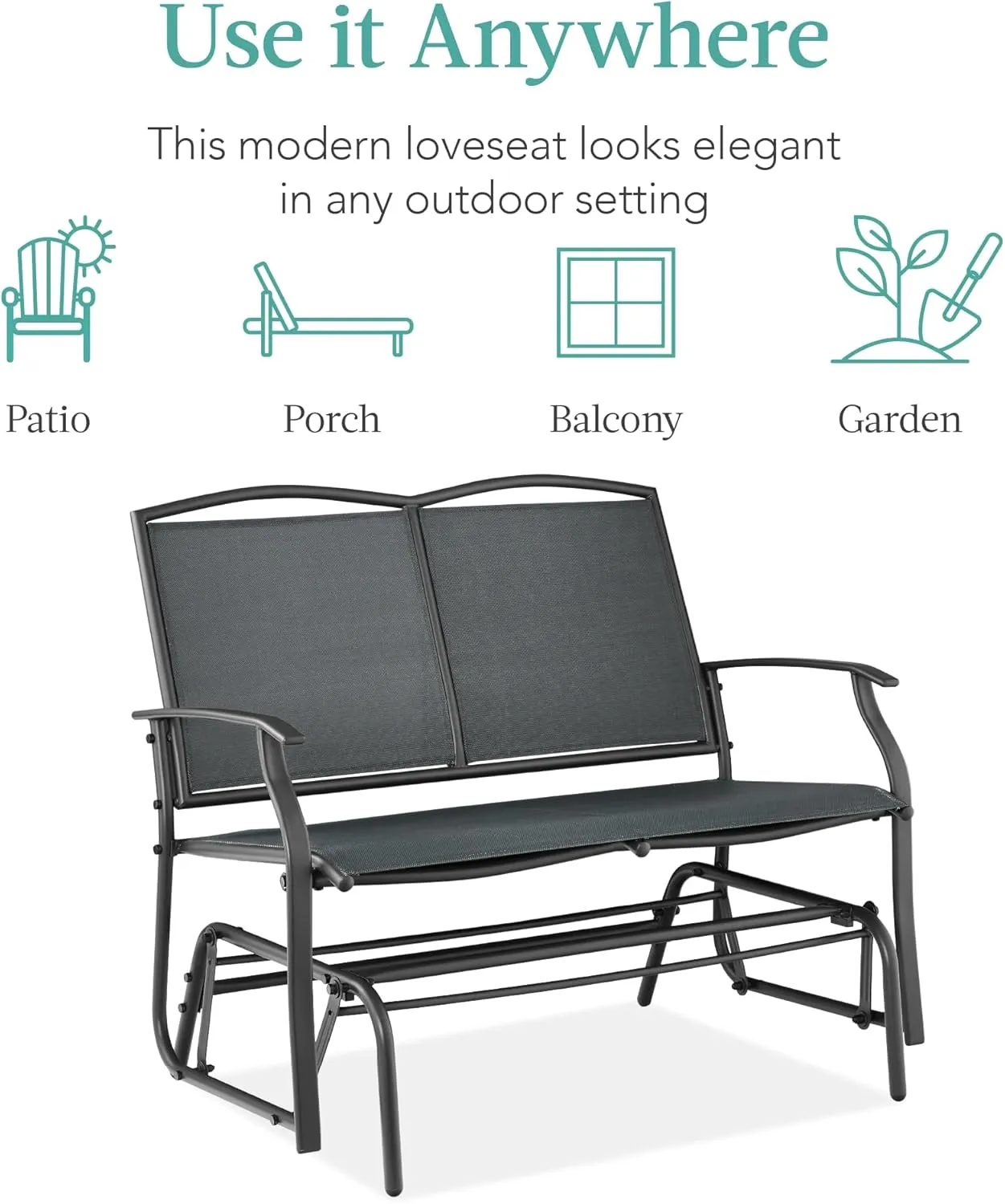 Best Choice Products 2-Person Outdoor Patio Swing Glider Steel Bench Loveseat Rocker for Deck, Porch w/Textilene Fabric, Steel Frame - Dark Gray