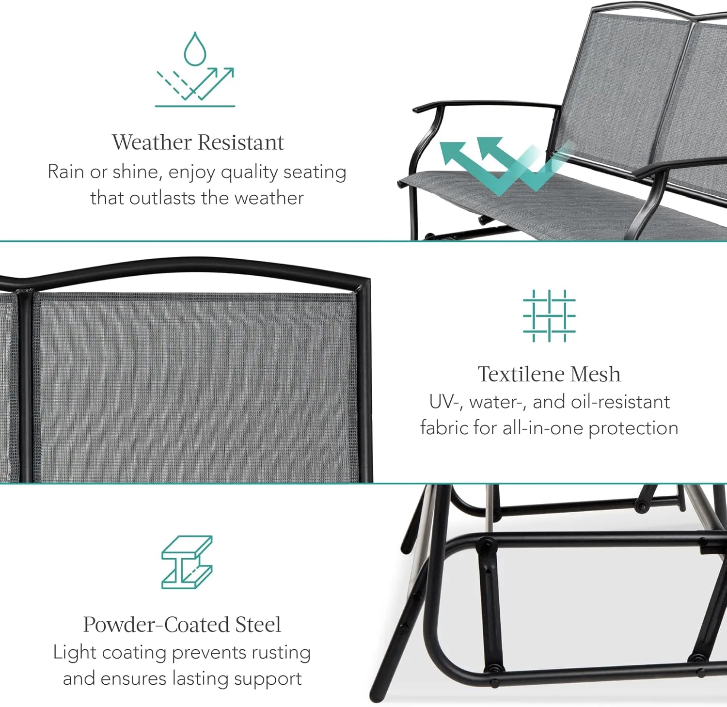 Best Choice Products 2-Person Outdoor Patio Swing Glider Steel Bench Loveseat Rocker for Deck, Porch w/Textilene Fabric, Steel Frame - Gray