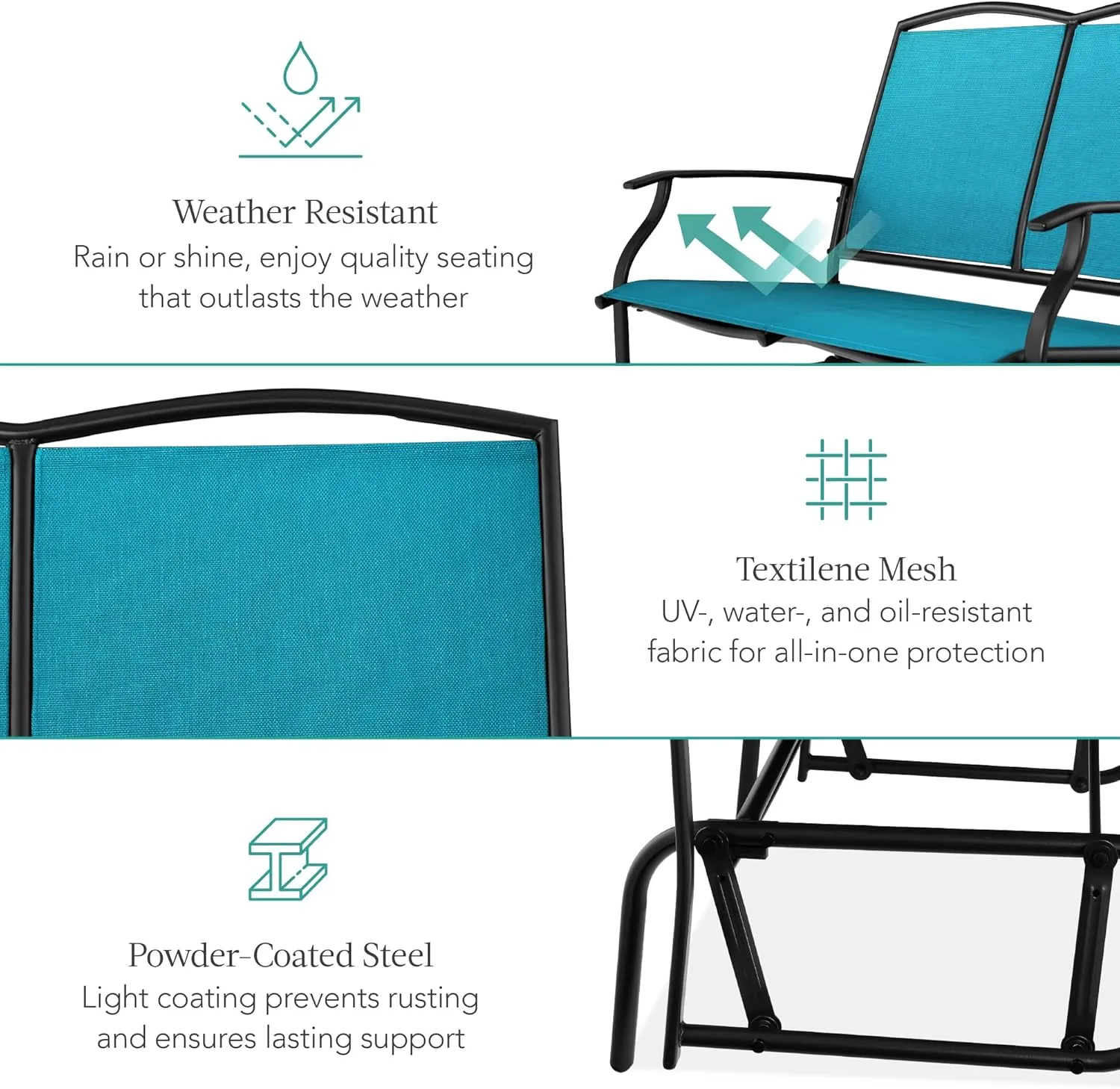 Best Choice Products 2-Person Outdoor Patio Swing Glider Steel Bench Loveseat Rocker for Deck, Porch w/Textilene Fabric, Steel Frame - Peacock Blue/Black