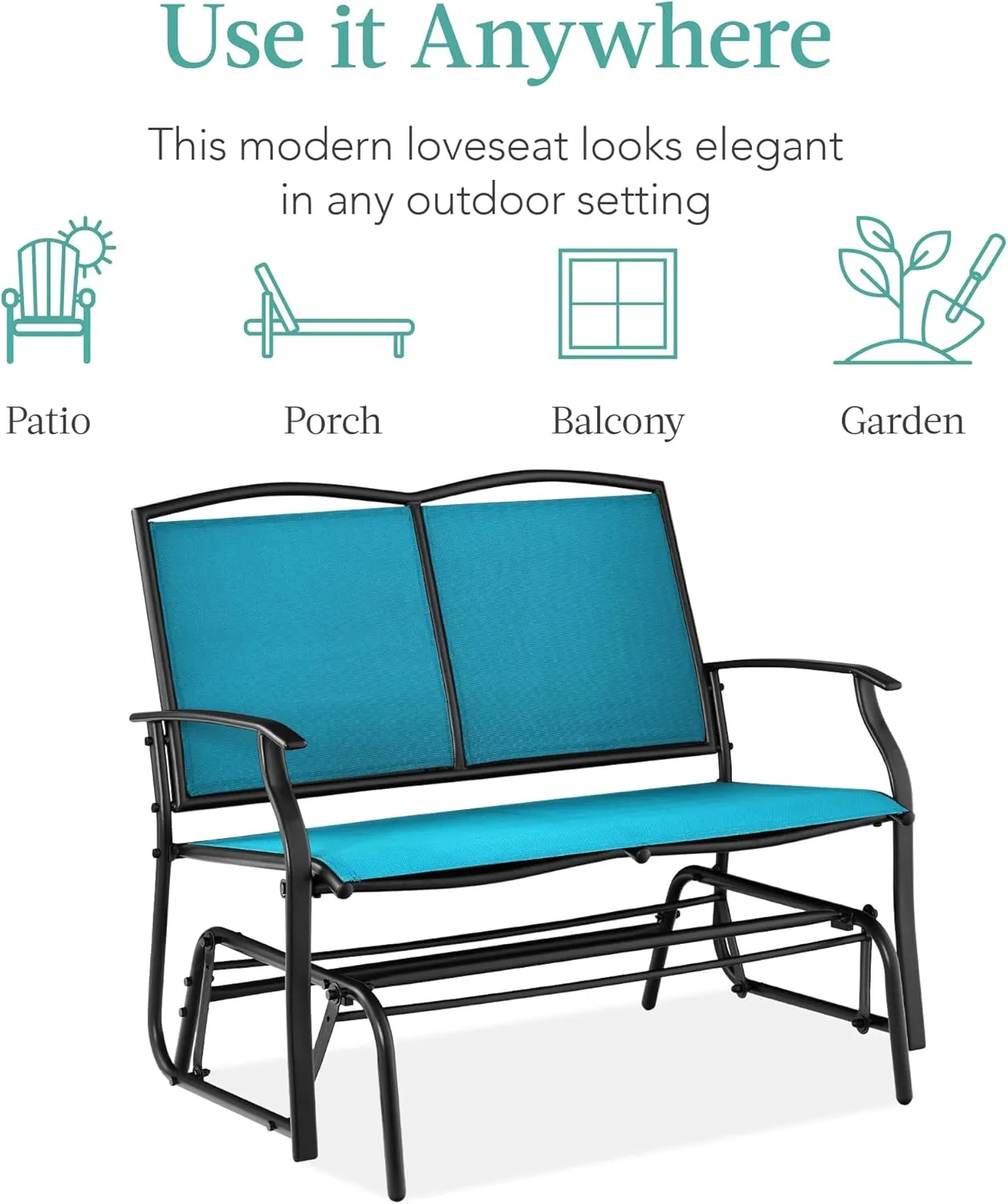 Best Choice Products 2-Person Outdoor Patio Swing Glider Steel Bench Loveseat Rocker for Deck, Porch w/Textilene Fabric, Steel Frame - Peacock Blue/Black