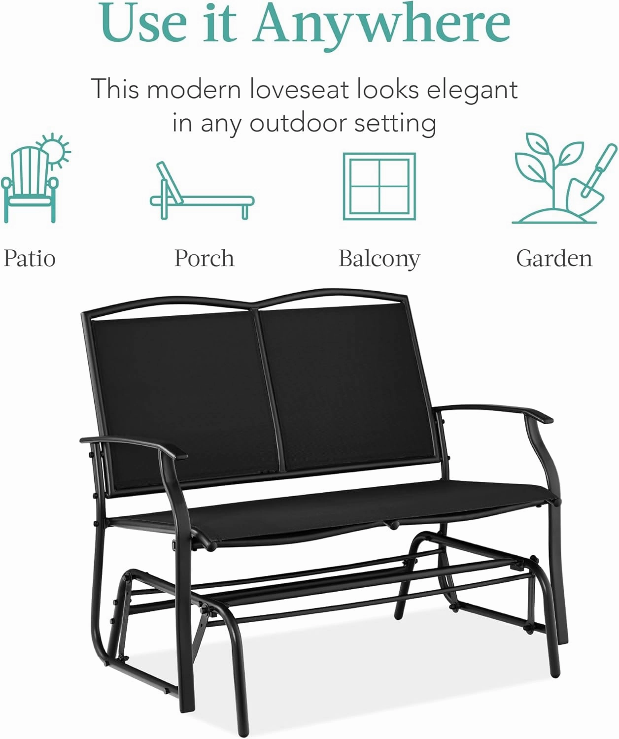 Best Choice Products 2-Person Outdoor Patio Swing Glider Steel Bench Loveseat Rocker for Deck, Porch w/Textilene Fabric, Steel Frame - Black