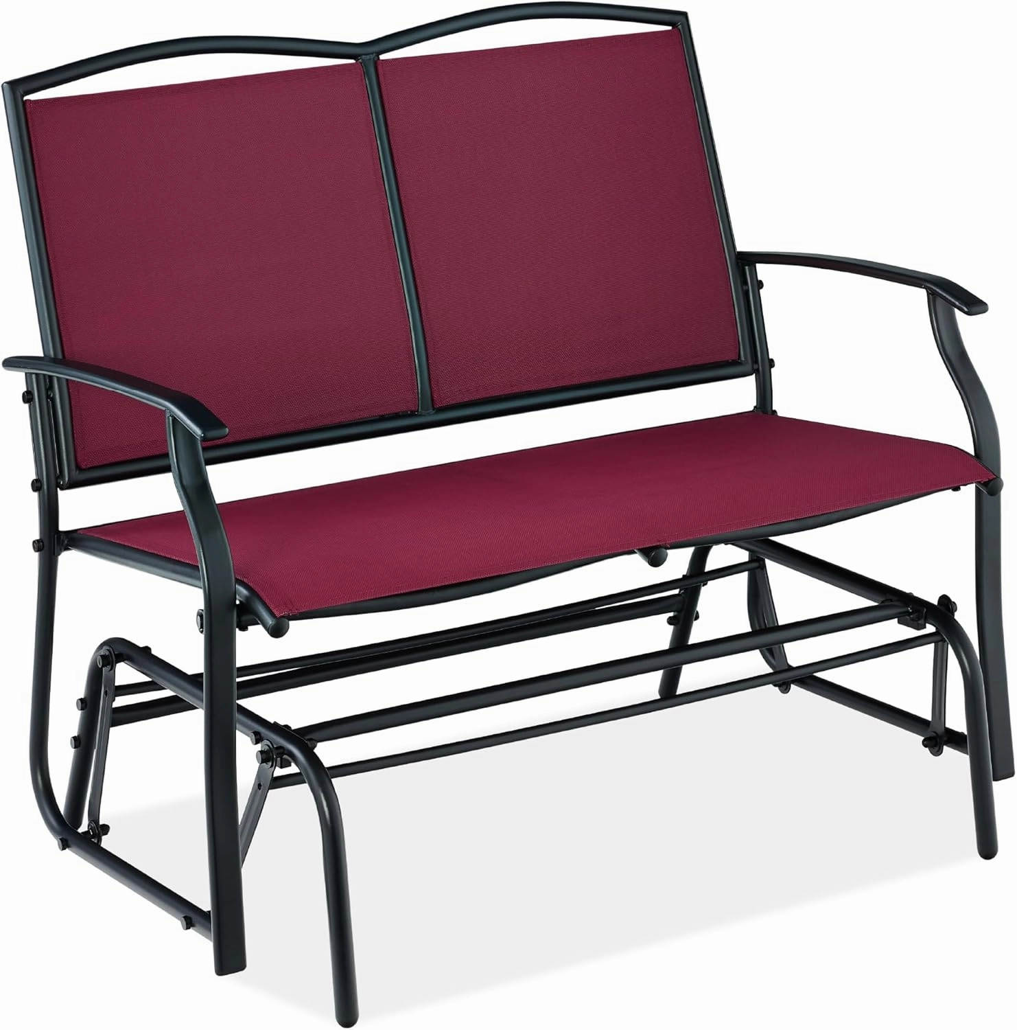 Best Choice Products 2-Person Outdoor Patio Swing Glider Steel Bench Loveseat Rocker for Deck, Porch w/Textilene Fabric, Steel Frame - Burgundy/Black