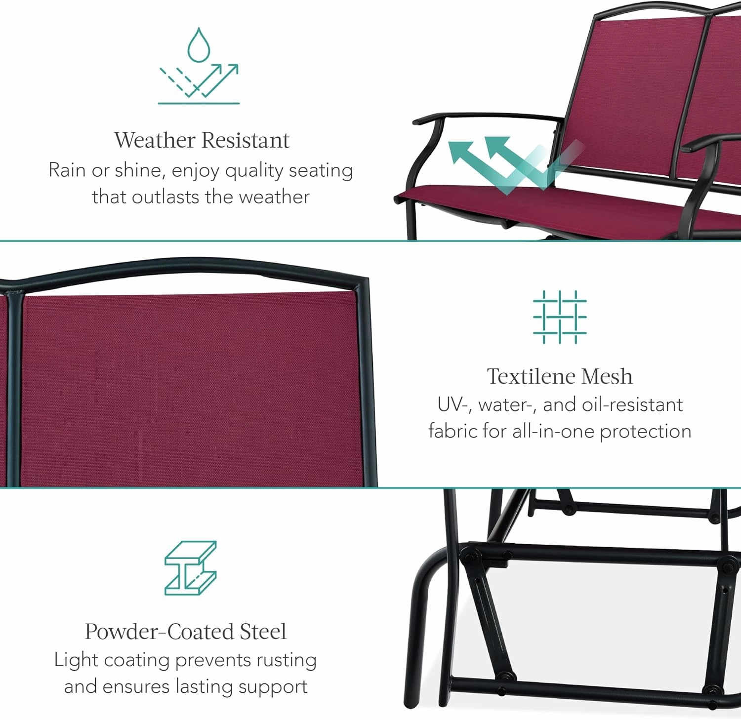 Best Choice Products 2-Person Outdoor Patio Swing Glider Steel Bench Loveseat Rocker for Deck, Porch w/Textilene Fabric, Steel Frame - Burgundy/Black
