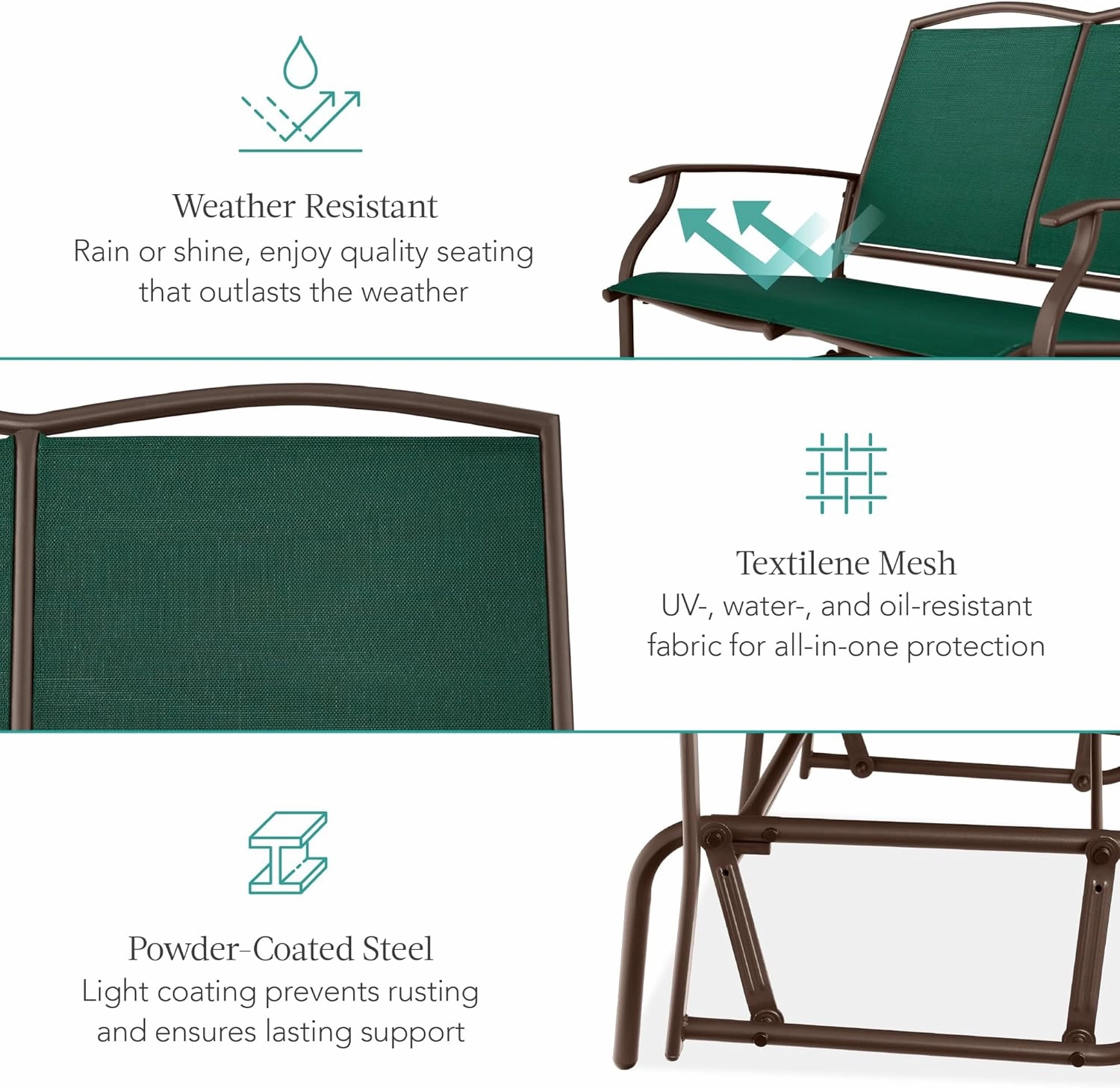 Best Choice Products 2-Person Outdoor Patio Swing Glider Steel Bench Loveseat Rocker for Deck, Porch w/Textilene Fabric, Steel Frame - Forest Green/Brown