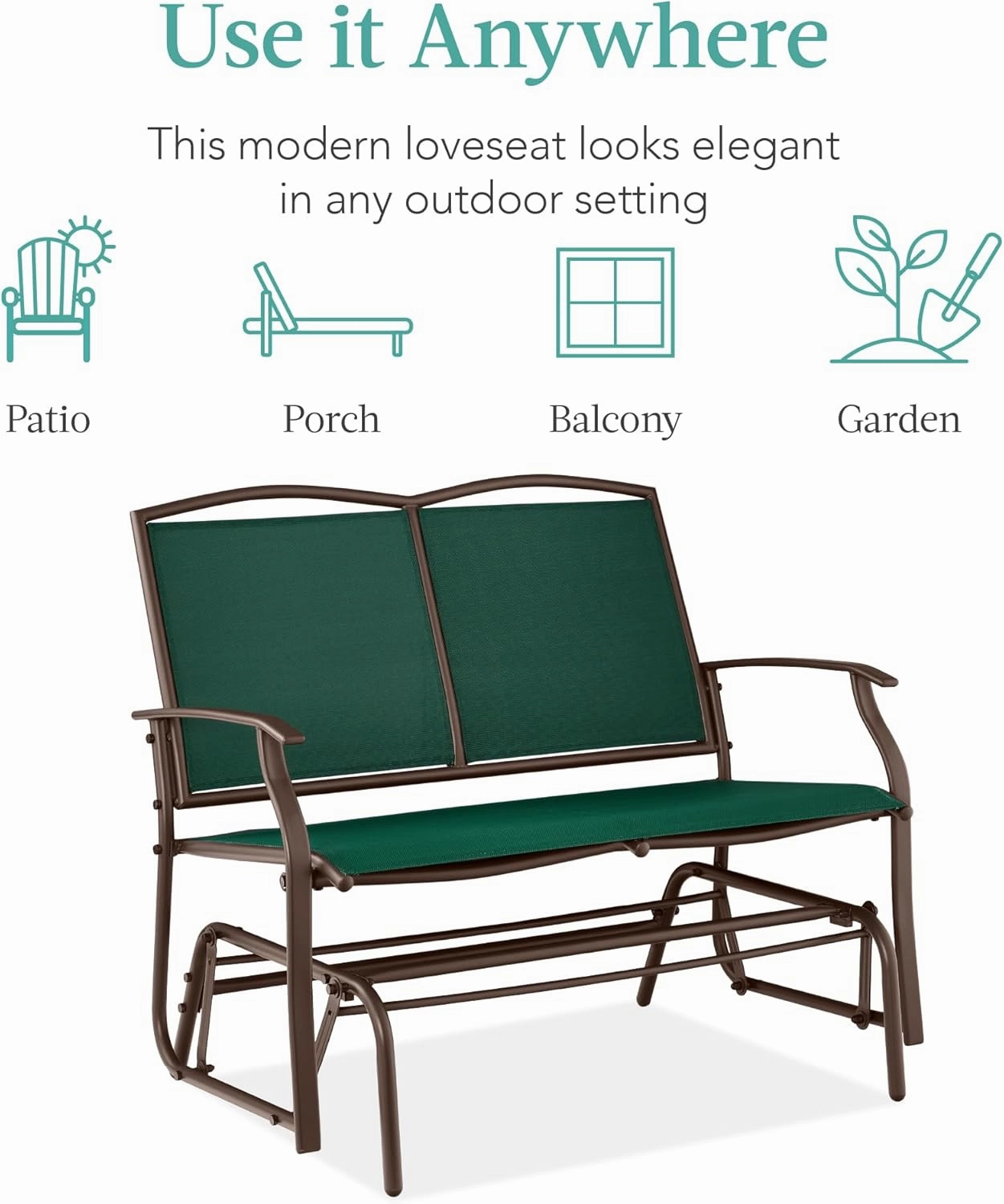Best Choice Products 2-Person Outdoor Patio Swing Glider Steel Bench Loveseat Rocker for Deck, Porch w/Textilene Fabric, Steel Frame - Forest Green/Brown