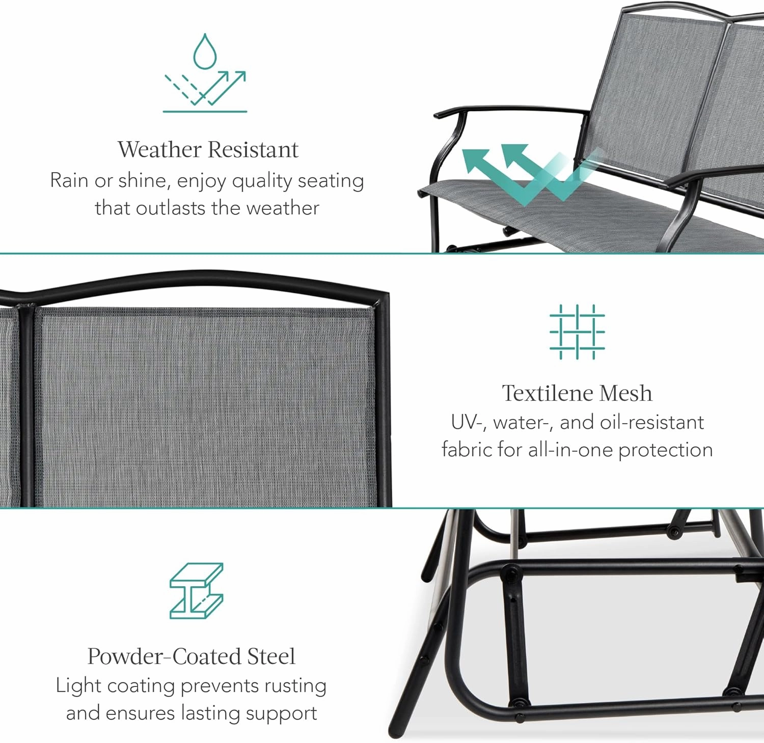 Best Choice Products 2-Person Outdoor Patio Swing Glider Steel Bench Loveseat Rocker for Deck, Porch w/Textilene Fabric, Steel Frame - Gray