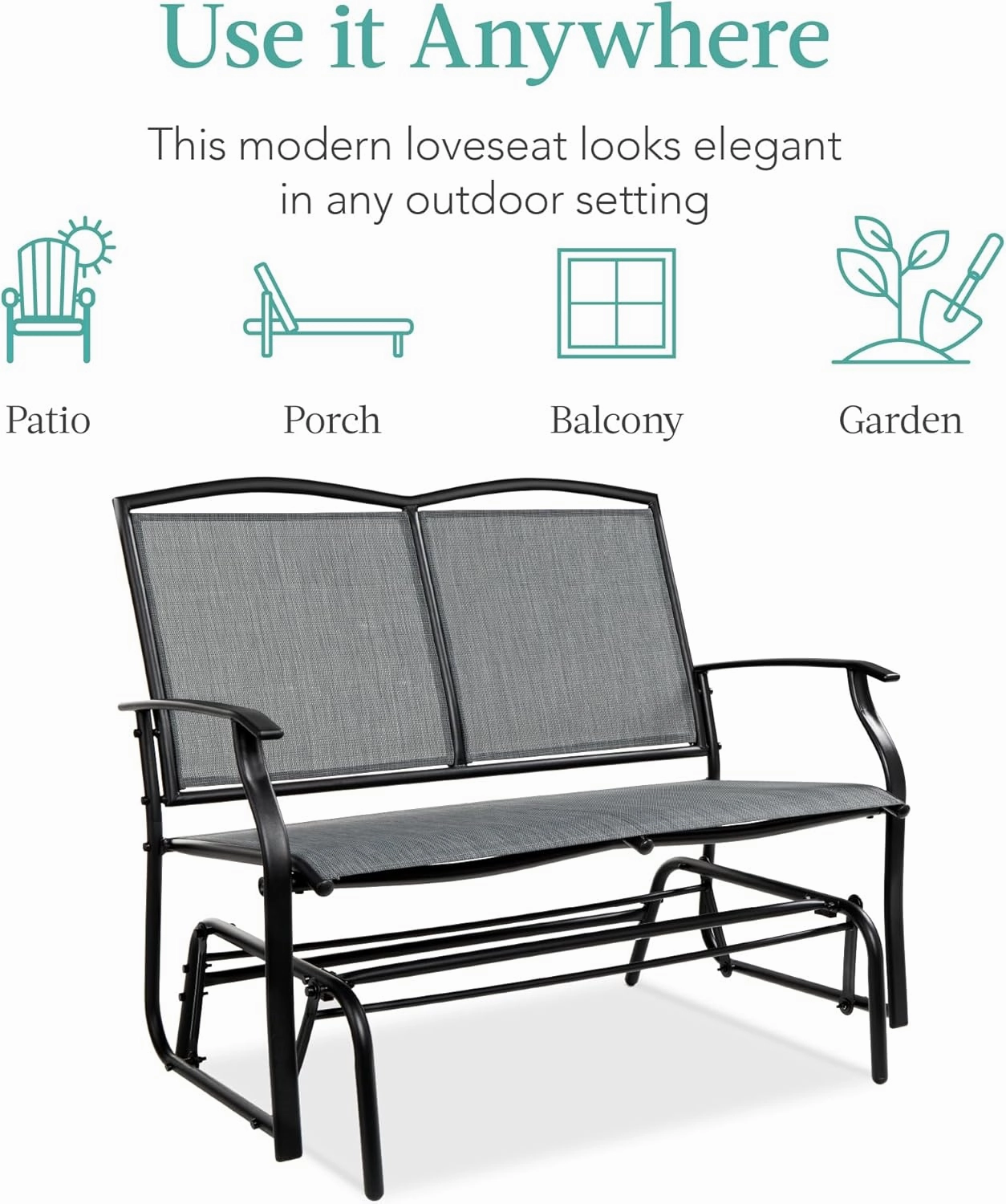 Best Choice Products 2-Person Outdoor Patio Swing Glider Steel Bench Loveseat Rocker for Deck, Porch w/Textilene Fabric, Steel Frame - Gray