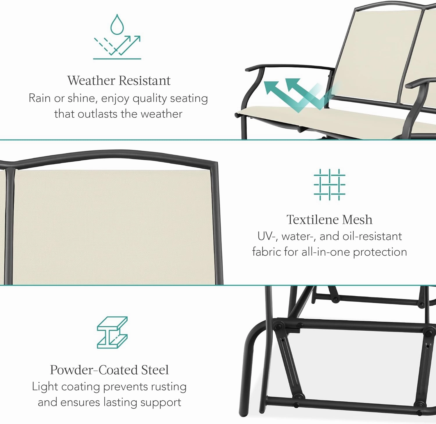 Best Choice Products 2-Person Outdoor Patio Swing Glider Steel Bench Loveseat Rocker for Deck, Porch w/Textilene Fabric, Steel Frame - Ivory/Gray