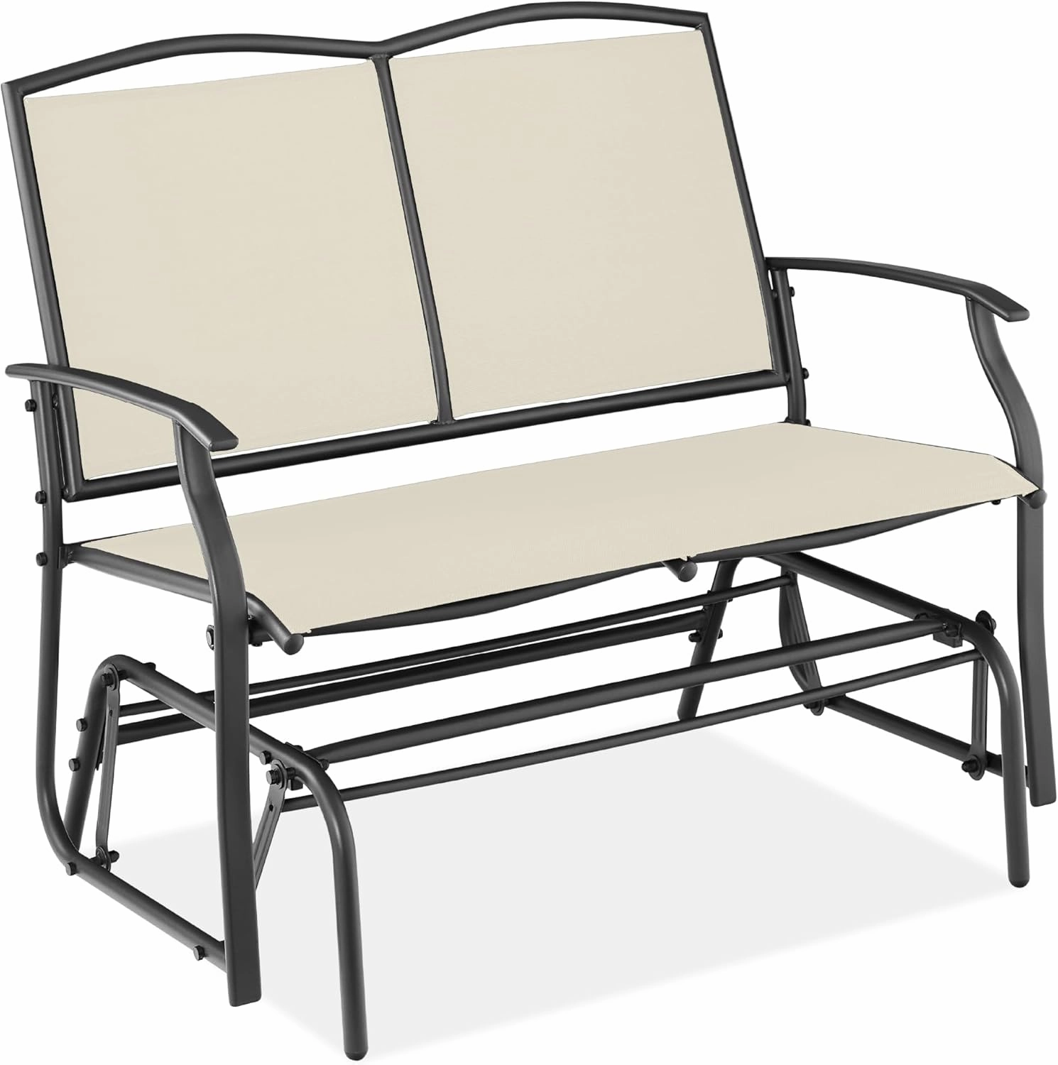Best Choice Products 2-Person Outdoor Patio Swing Glider Steel Bench Loveseat Rocker for Deck, Porch w/Textilene Fabric, Steel Frame - Ivory/Gray