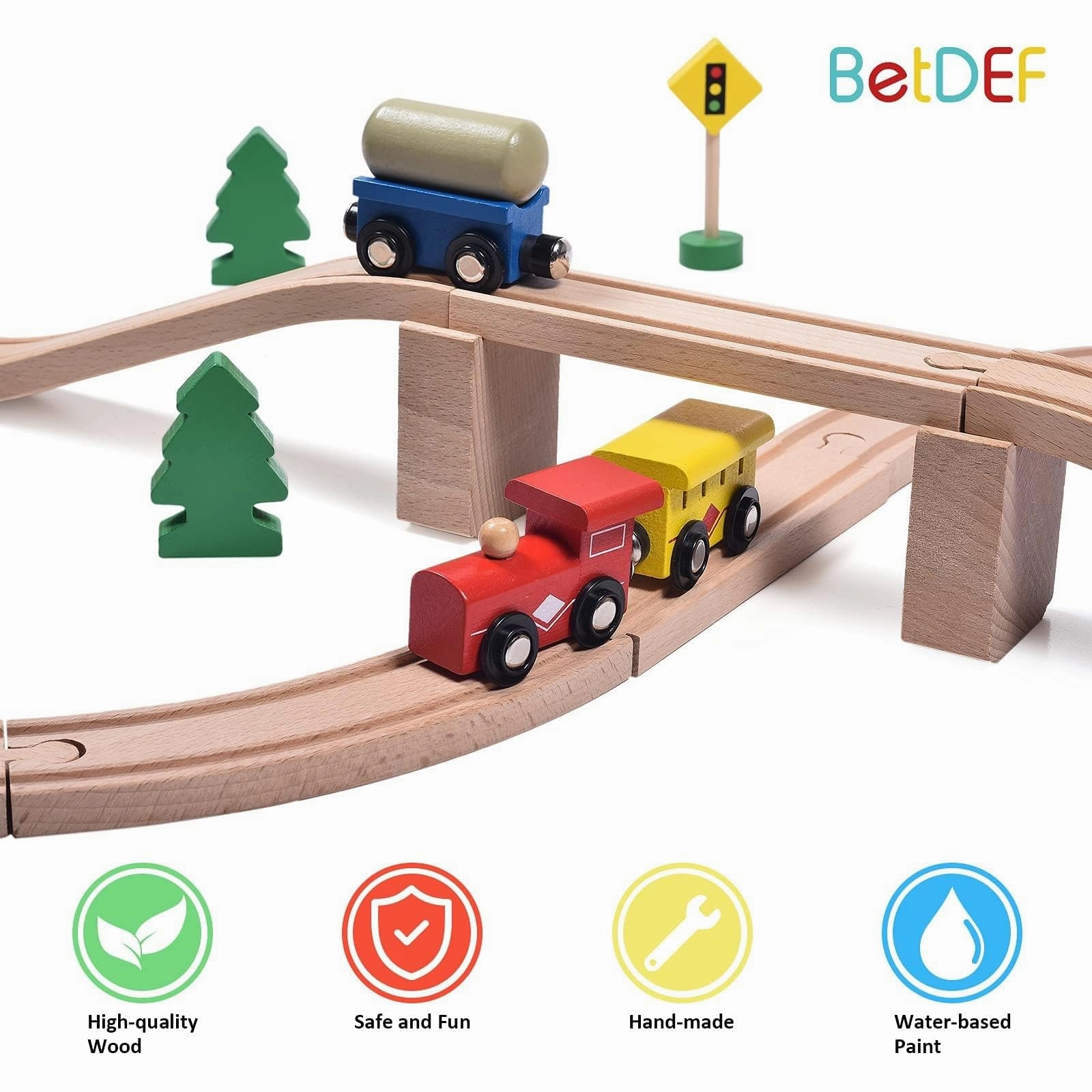 BetDEF Wooden Train Set,39 Pcs-with All-Wood Train Tracks with Double Sided Wooden Tracks and Color Box for 3  Year Old Boys and Girls Toddler-Fits Thomas Brio Melissa and Doug… (39PC)