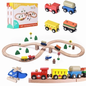 BetDEF Wooden Train Set,39 Pcs-with All-Wood Train Tracks with Double Sided Wooden Tracks and Color Box for 3  Year Old Boys and Girls Toddler-Fits Thomas Brio Melissa and Doug… (39PC)