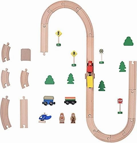 BetDEF Wooden Train Set,39 Pcs-with All-Wood Train Tracks with Double Sided Wooden Tracks and Color Box for 3  Year Old Boys and Girls Toddler-Fits Thomas Brio Melissa and Doug… (39PC)