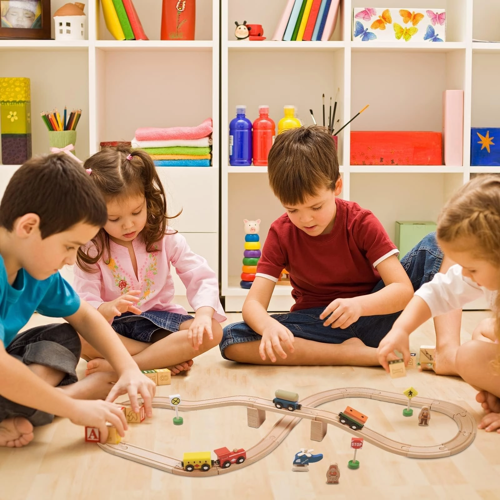 BetDEF Wooden Train Set,39 Pcs-with All-Wood Train Tracks with Double Sided Wooden Tracks and Color Box for 3  Year Old Boys and Girls Toddler-Fits Thomas Brio Melissa and Doug… (39PC)