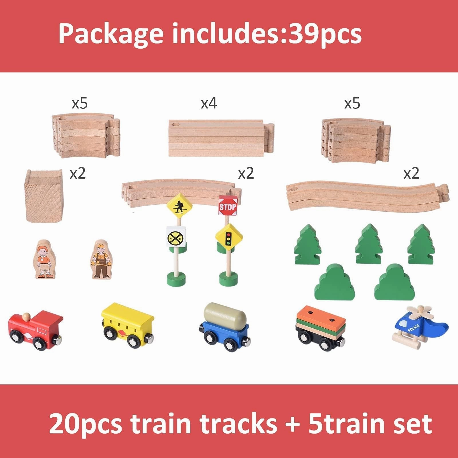 BetDEF Wooden Train Set,39 Pcs-with All-Wood Train Tracks with Double Sided Wooden Tracks and Color Box for 3  Year Old Boys and Girls Toddler-Fits Thomas Brio Melissa and Doug… (39PC)