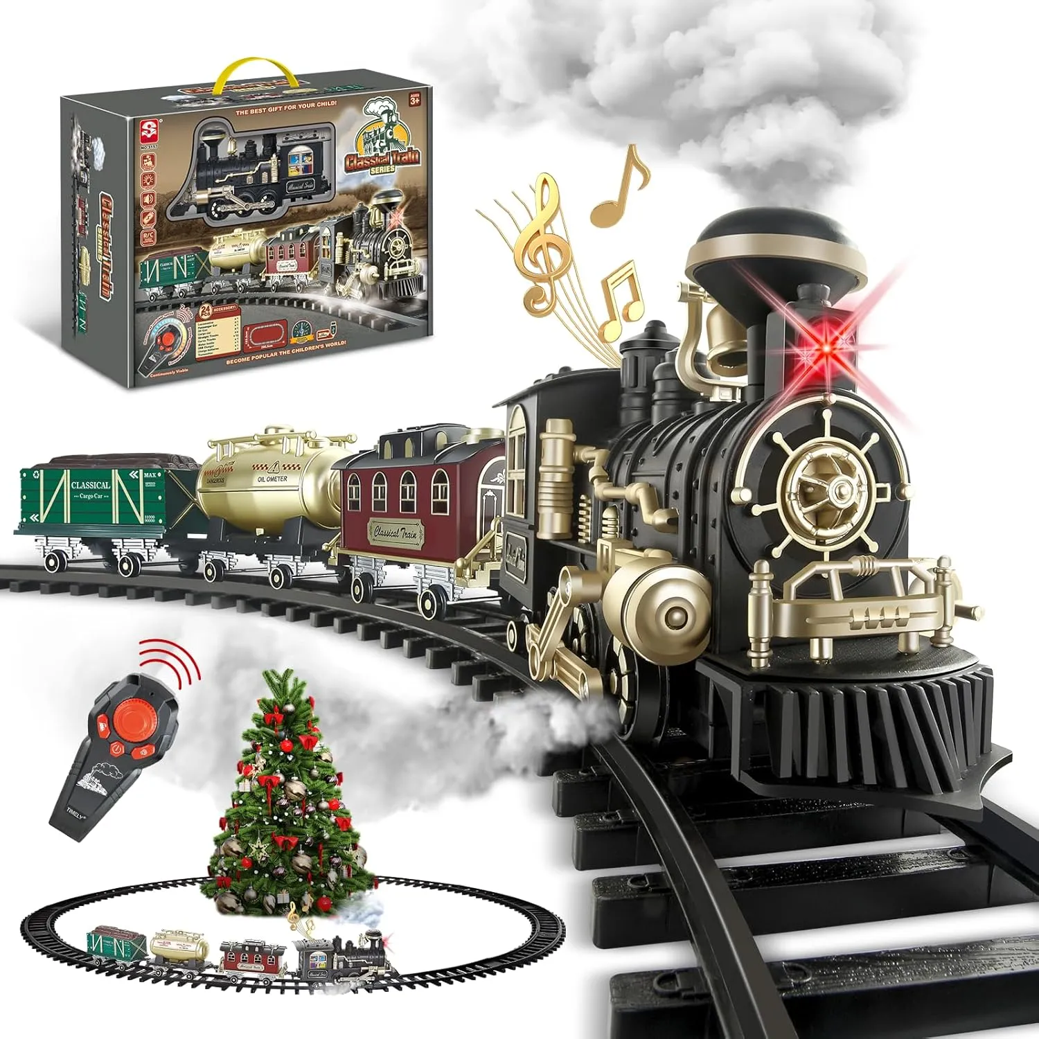 Big Train Set for Kids - Remote Control Train Toys w/Smokes,Lights&Sound, Rechargeable Model Train Set w/Steam Locomotive, Train Carriages&Tracks, Big Train for Boys Christmas