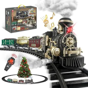 Big Train Set for Kids - Remote Control Train Toys w/Smokes,Lights&Sound, Rechargeable Model Train Set w/Steam Locomotive, Train Carriages&Tracks, Big Train for Boys Christmas