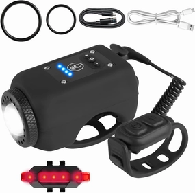 Bike Horn with Light, 110 dB Bike Lights for Night Riding, 4 Light Modes   5 Sound Modes, IPX5 Waterproof & USB Rechargeable Bike Headlight and Tail Light Set