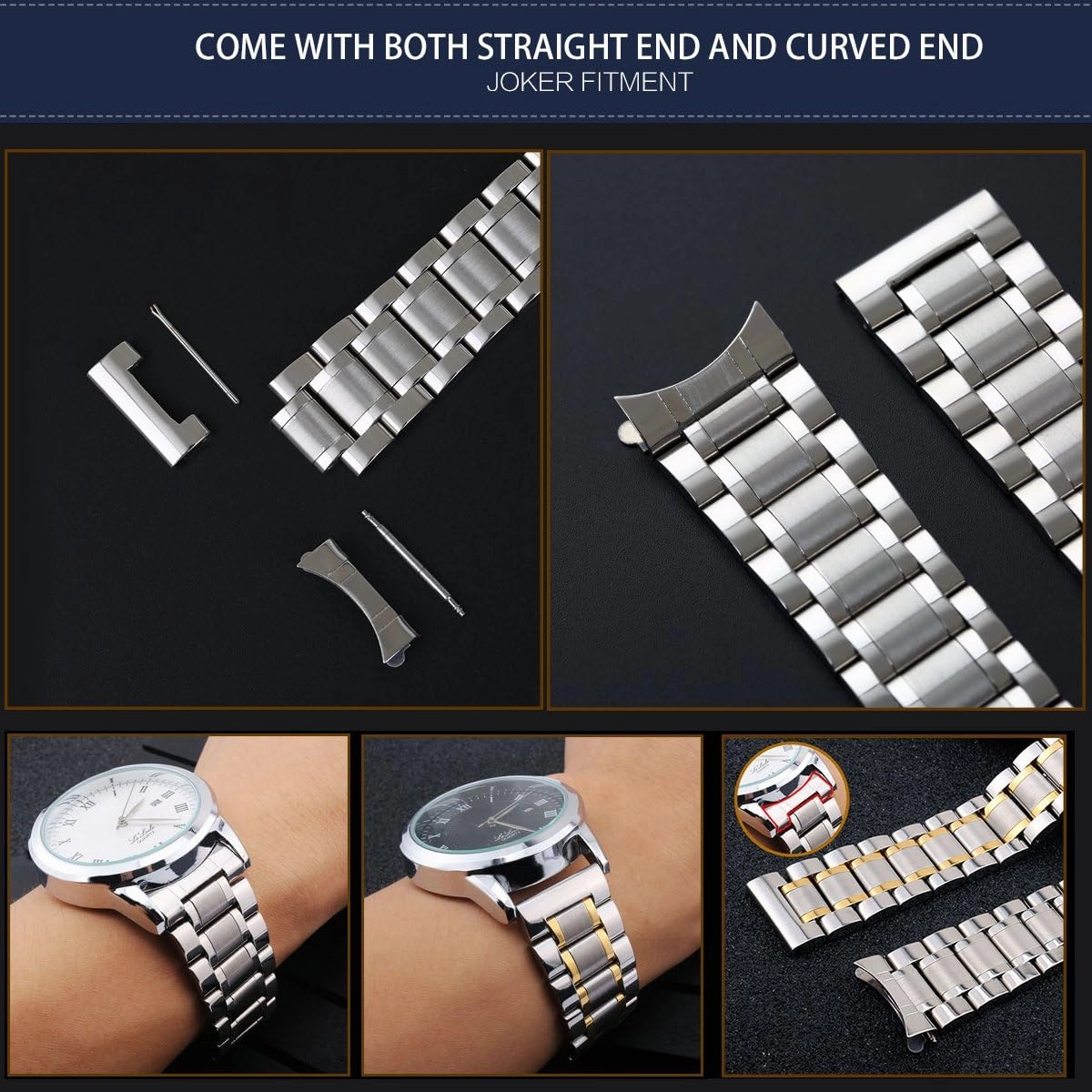 BINLUN Stainless Steel Watch Bands Quick Release 12mm-24mm Universal Metal Replacement Watch Straps SmartWatch Bracelets Links Straight & Curved Ends Men Women 6 Colors(Silver,22mm)