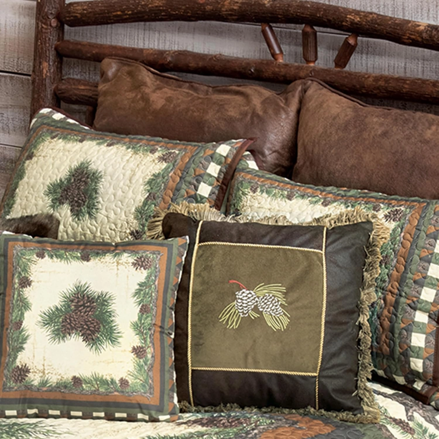Black Forest Décor Woodland Pinecones Quilt Bed Set - Queen, Rustic Lodge Pinecone Bedding - 90" x 90"