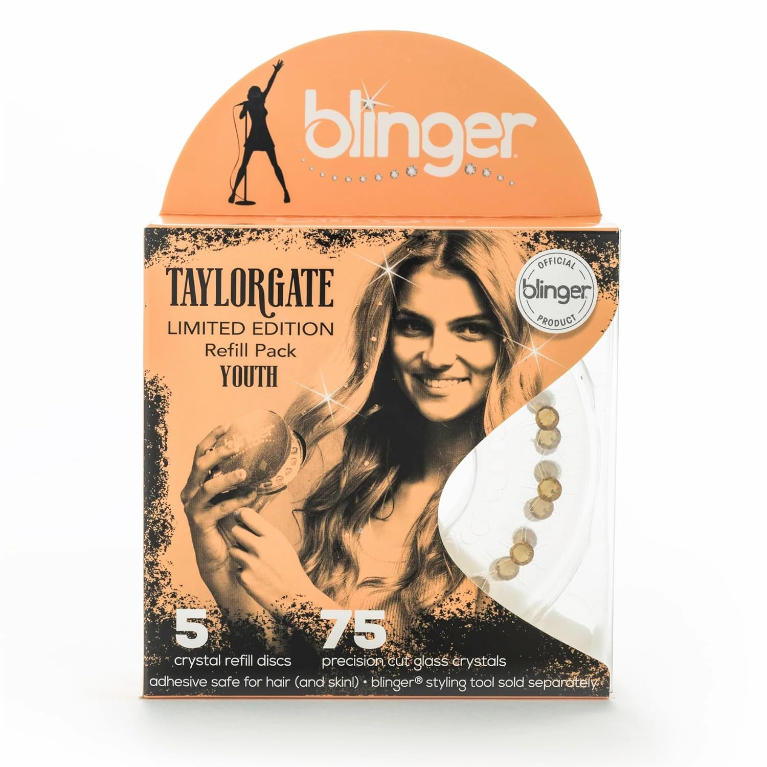 blinger® Limited Edition Refill Pack - Youth | 75 Precision-Cut Glass Crystals (5 Discs) | Hair Safe Adhesive - Bling In, Brush Out | blinger® Styling Tool Not Included | Gold 5 MM