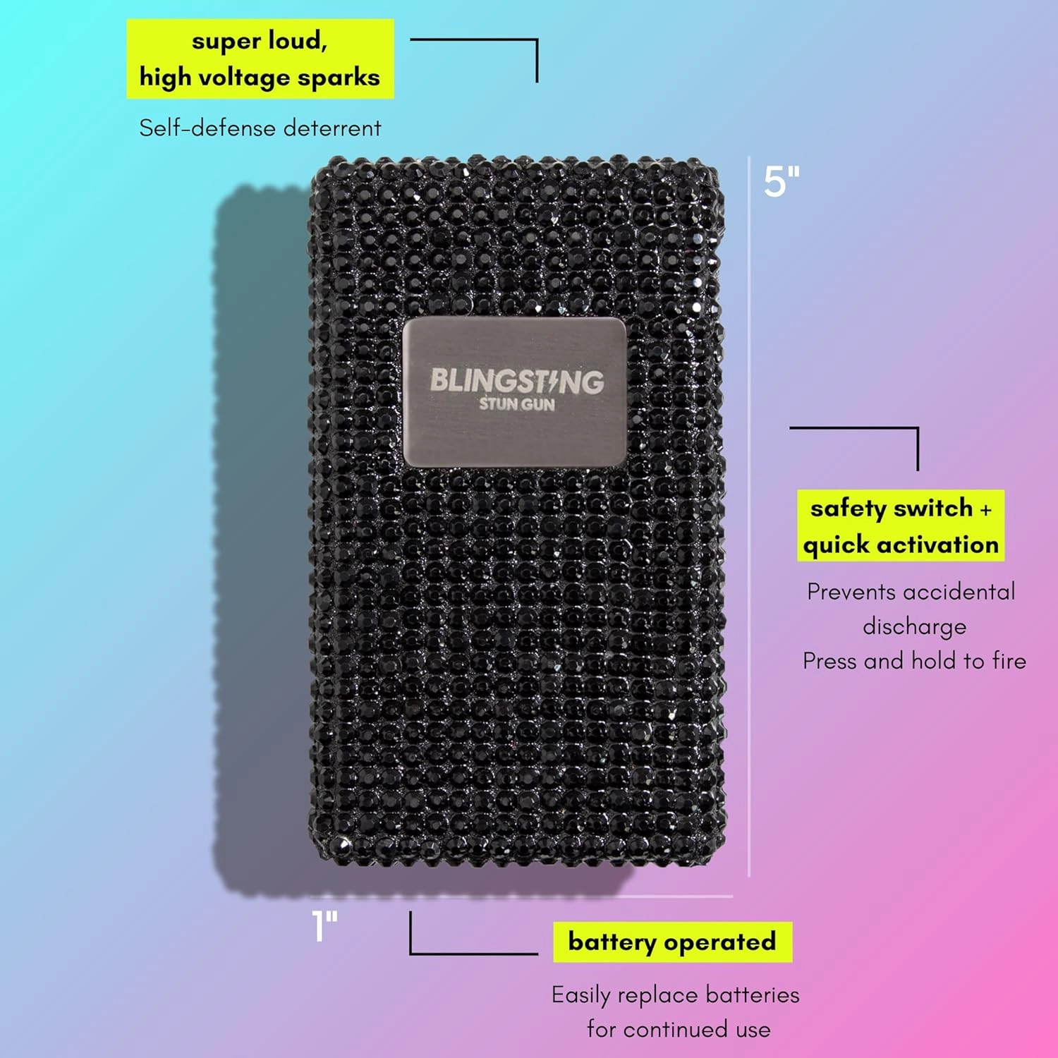 BLINGSTING High Voltage Stylish Stun Gun for Women - Professional Grade Self Defense - Safe On/Off Switch - Wrist Strap - Batteries Included - Compact & Lightweight
