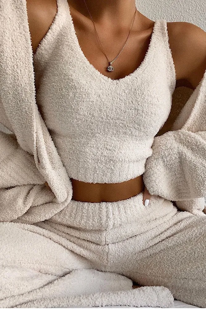 Blush Pink Fluffy Rib Knitted Vest   Wide Leg Lounge Set