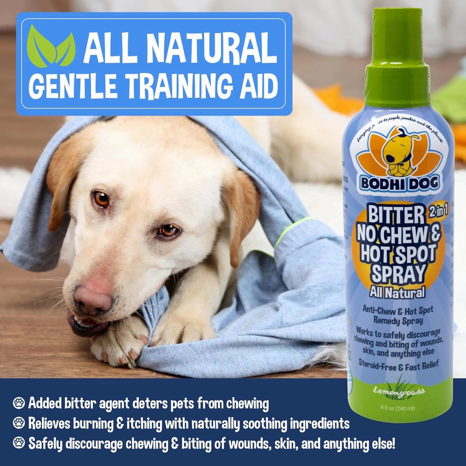Bodhi Dog Bitter 2-in-1 No Chew & Hot Spot Spray - Natural Anti-Chew Remedy Better Than Bitter Apple - Soothes Hot Spots, Deters Chewing - Safe for Skin, Wounds & Furniture- Made in USA (8 Fl Oz)