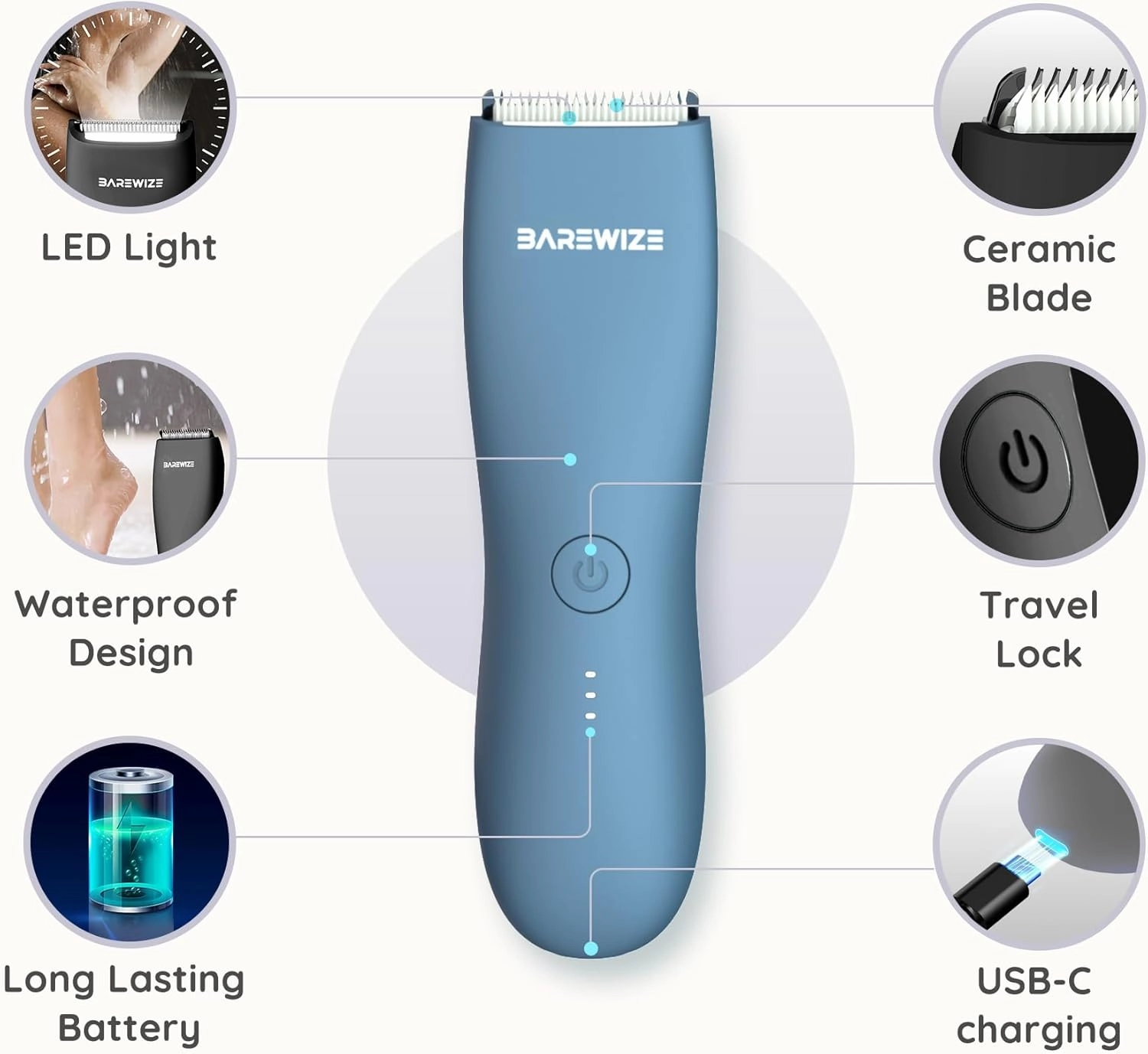 Body Hair & Pubic Hair Trimmer for Men & Women, Painless Electric Body & Bikini Shaver | Waterproof, Type-C Rechargeable, LED Light, Replaceable Blade, Manscape Personal Groomer (Denim Blue)