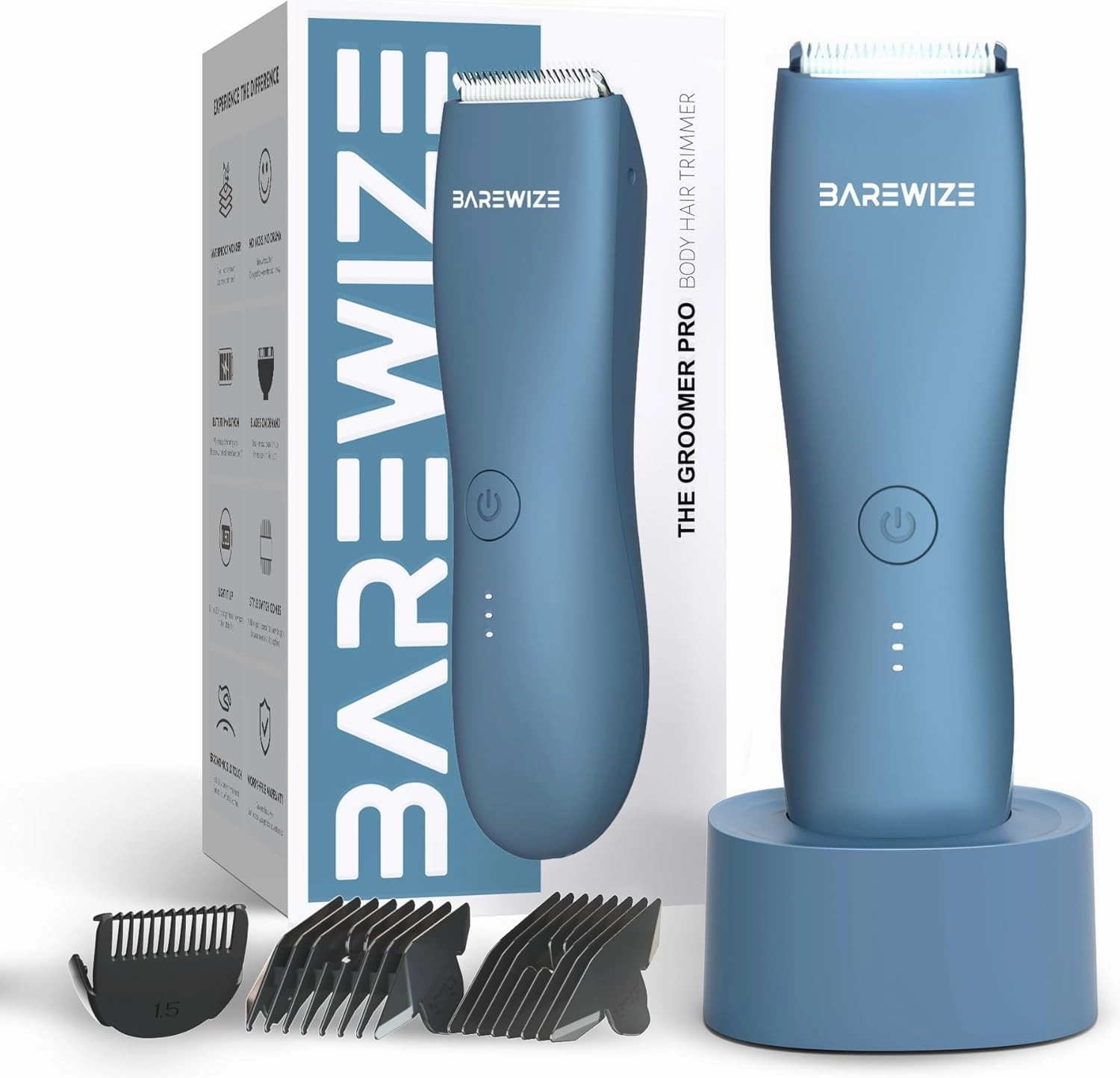Body Hair & Pubic Hair Trimmer for Men & Women, Painless Electric Body & Bikini Shaver | Waterproof, Type-C Rechargeable, LED Light, Replaceable Blade, Manscape Personal Groomer (Denim Blue)