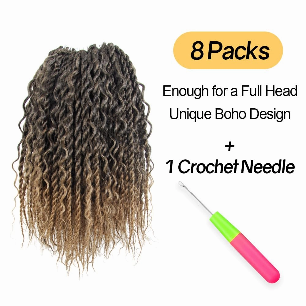 Boho Twist Crochet Hair 12 Inch, 8 Packs Wavy Senegalese Twist Crochet Hair with Curly Ends, Ombre Pre-Looped Pre-Twisted Island Style Goddess Passion Braids (120 Strands, T27)