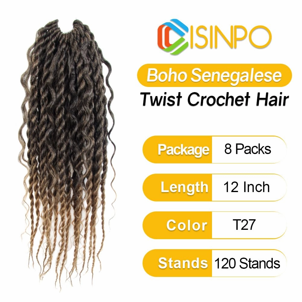 Boho Twist Crochet Hair 12 Inch, 8 Packs Wavy Senegalese Twist Crochet Hair with Curly Ends, Ombre Pre-Looped Pre-Twisted Island Style Goddess Passion Braids (120 Strands, T27)