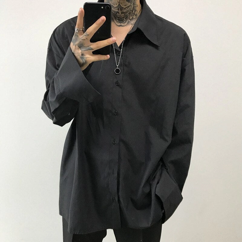 Bonsir Loose Lapel Long Sleeve Shirt Men Autumn Casual Single-Breasted Cardigan Male Fashion Simple Blue Commuter Men's Top