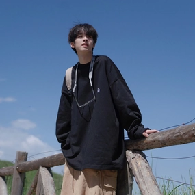 Bonsir Spring New Products Men's Long-Sleeved T-Shirt 260G Embroidery Simple Clean Black, White、Hoodie