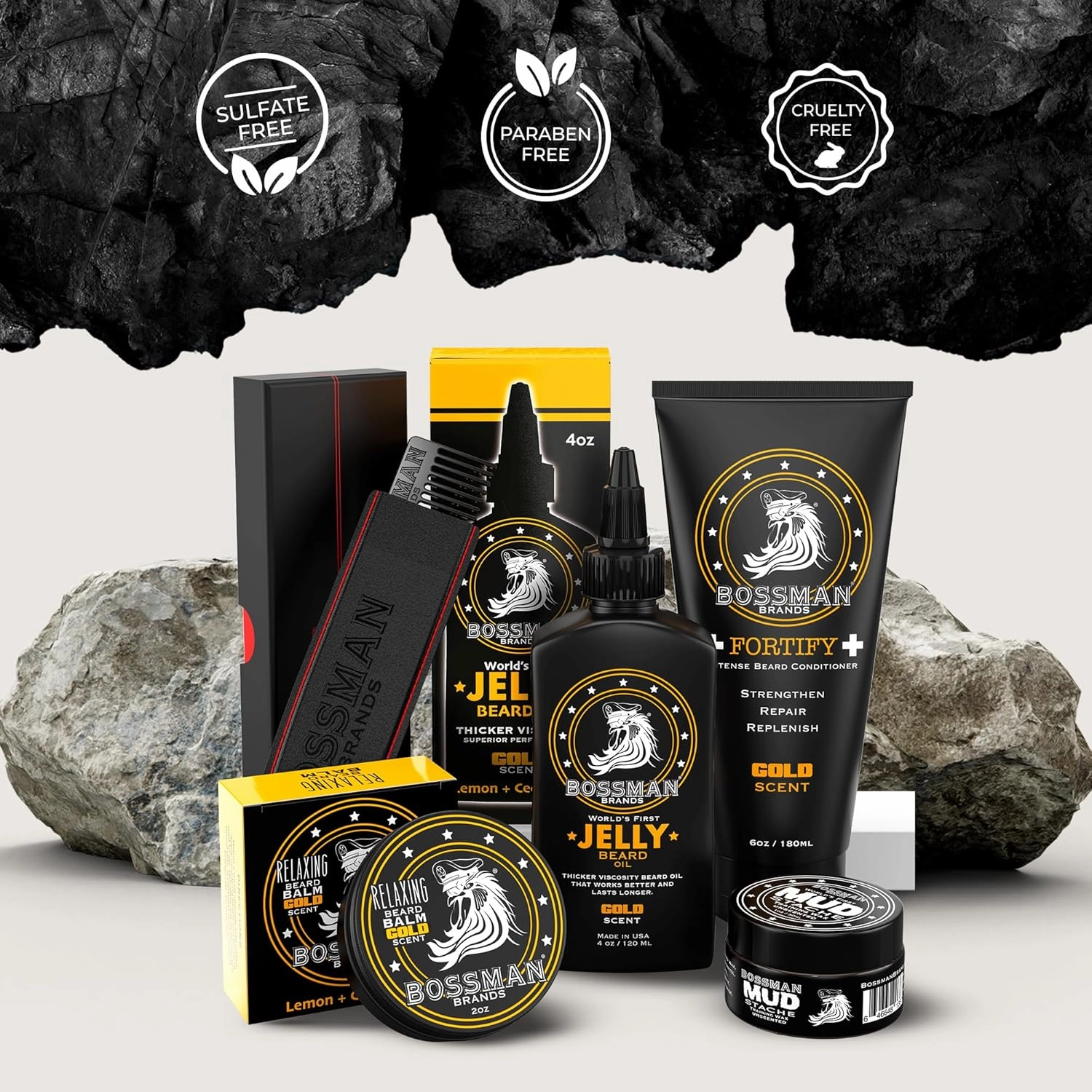 Bossman Complete Beard Kit – Men's Beard Oil Jelly, Fortifying Shower Conditioner, Balm, Mustache Wax & Comb – Beard Softener & Grooming Care (Gold Scent)