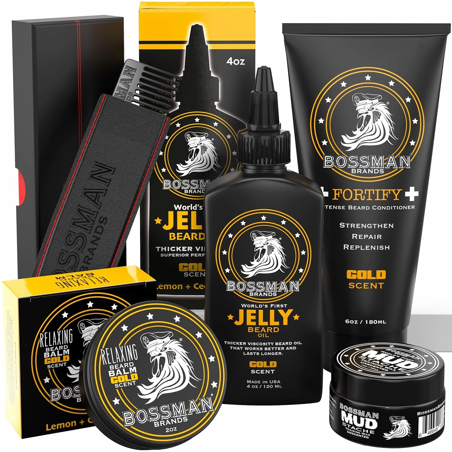 Bossman Complete Beard Kit – Men's Beard Oil Jelly, Fortifying Shower Conditioner, Balm, Mustache Wax & Comb – Beard Softener & Grooming Care (Gold Scent)