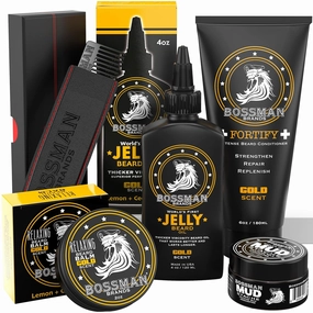 Bossman Complete Beard Kit – Men's Beard Oil Jelly, Fortifying Shower Conditioner, Balm, Mustache Wax & Comb – Beard Softener & Grooming Care (Gold Scent)