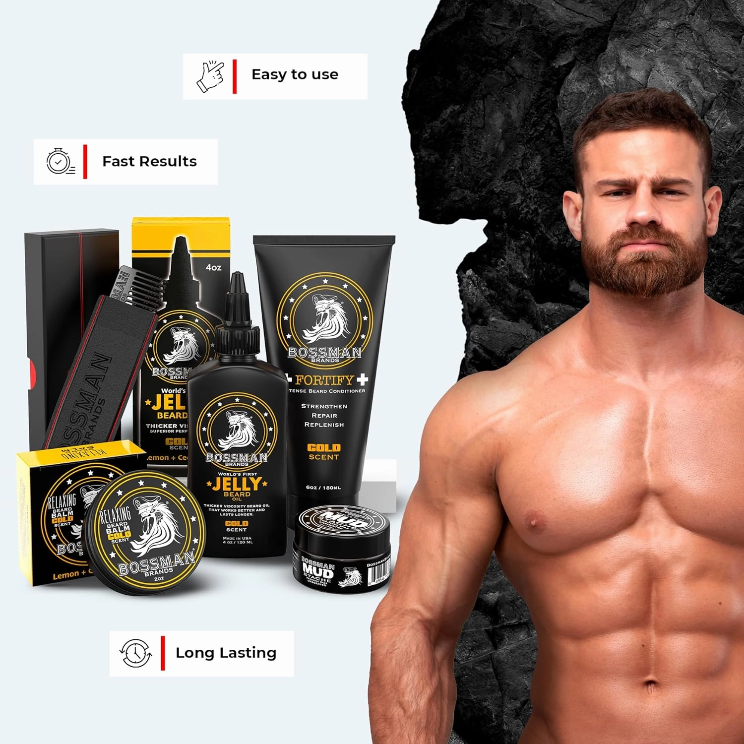 Bossman Complete Beard Kit – Men's Beard Oil Jelly, Fortifying Shower Conditioner, Balm, Mustache Wax & Comb – Beard Softener & Grooming Care (Gold Scent)