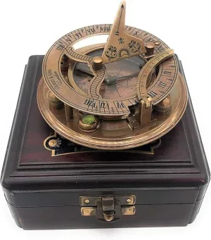 Brass Compass 3.5 ' Inch Antique Brass Sundial Compass with Wooden Box, Nautical Marine Navigation Tool, Decorative Gift