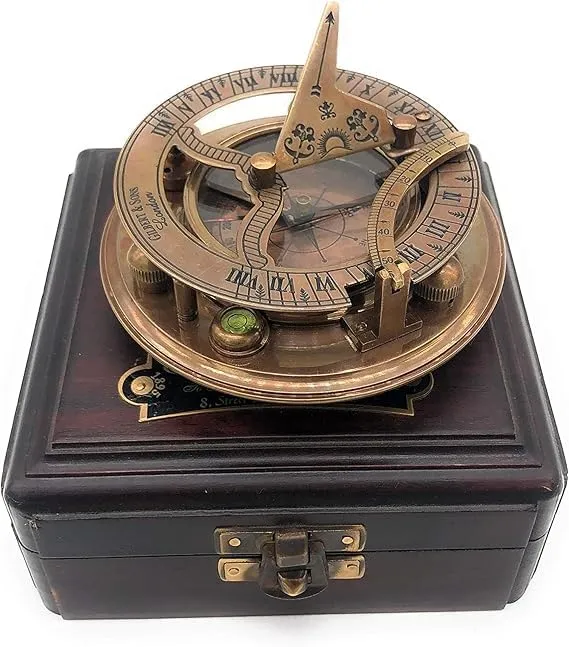 Brass Compass 3.5 ' Inch Antique Brass Sundial Compass with Wooden Box, Nautical Marine Navigation Tool, Decorative Gift