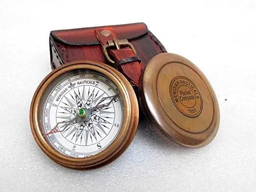 Brass Compass with Leather Case Directional Maritime Navigational Pocket Compass Tool for Hiking Trekking Travelling and Camping by Nautical Product, Antique