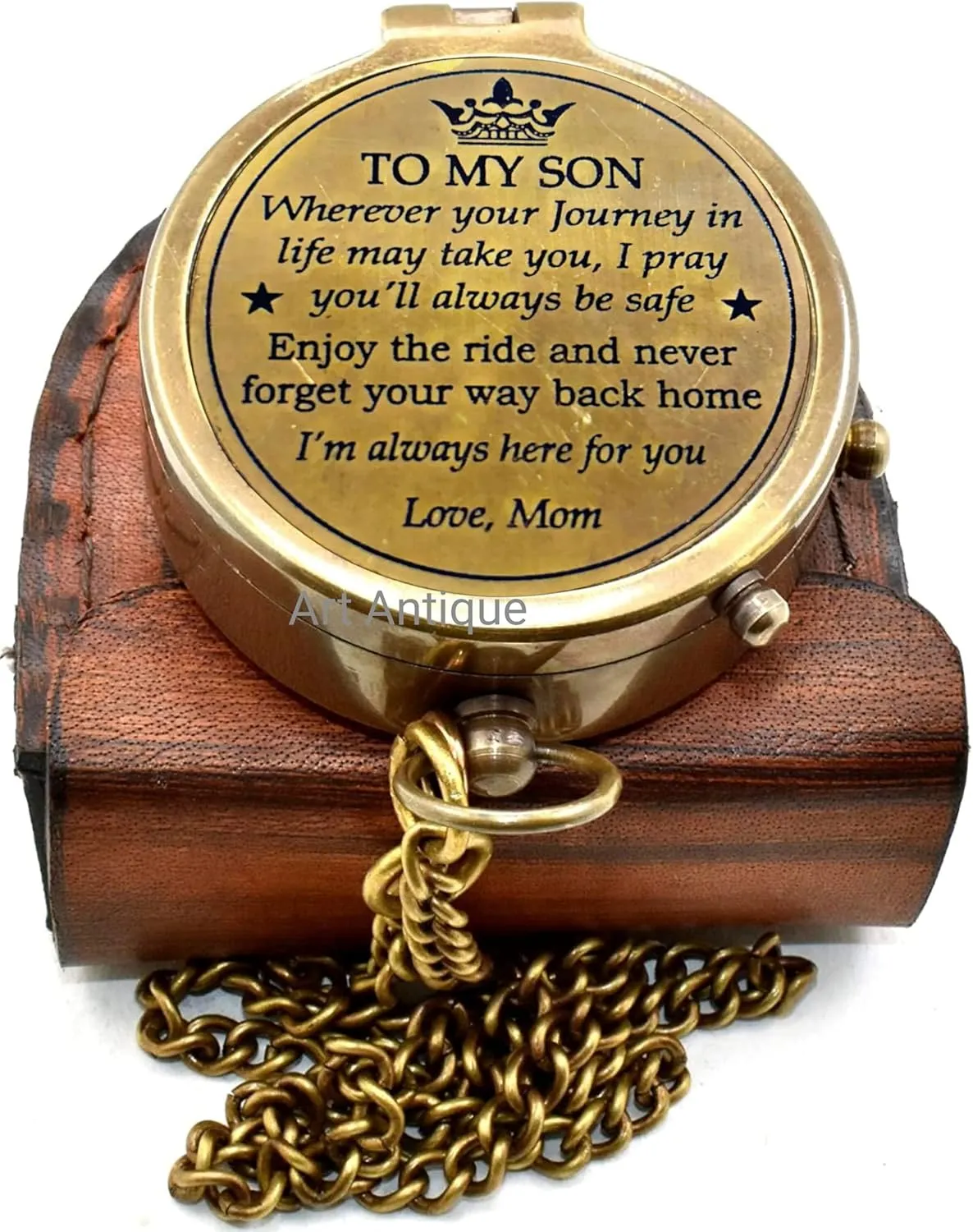 Brass Compass with Leather Case, Mom to Son Inspirational Message, Antique Style with Chain