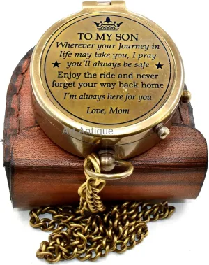Brass Compass with Leather Case, Mom to Son Inspirational Message, Antique Style with Chain