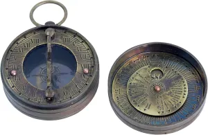 Brass Pocket Sun Dial Compass with Time Zone for Many Countries, 2 Inch Vintage Portable Fully Functional Compass for Navigation, Nautical