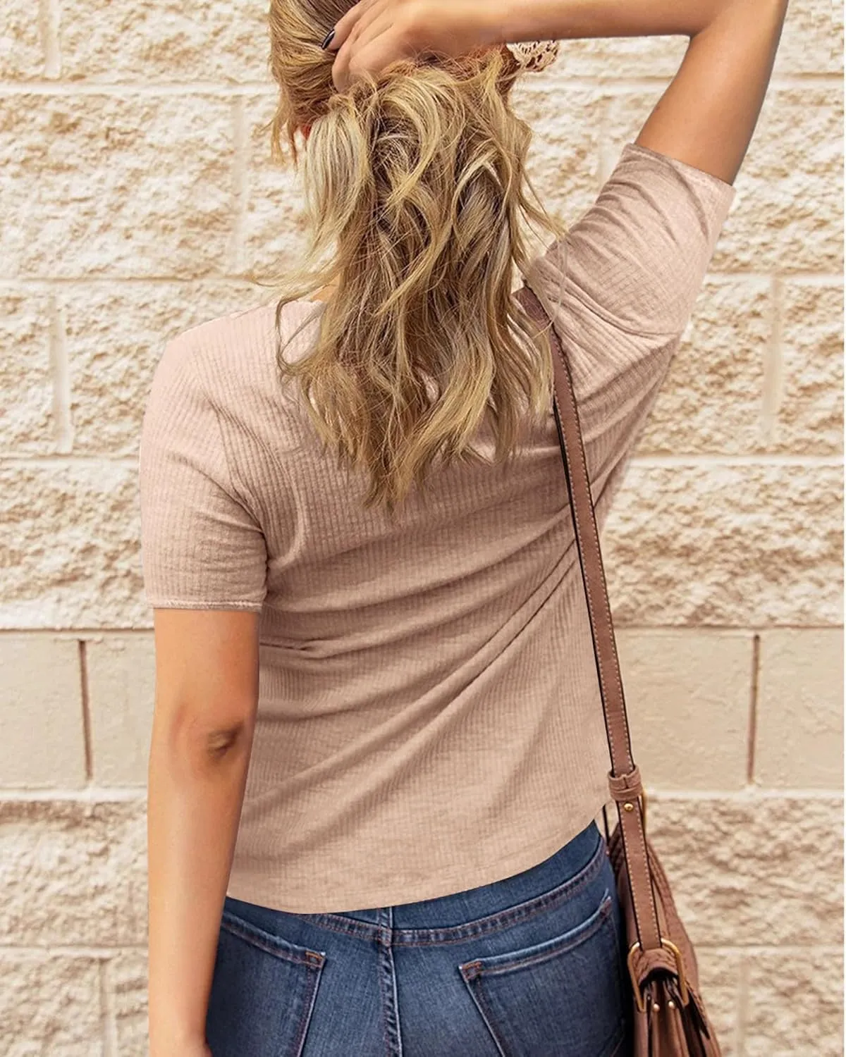 BTFBM Women 2025 Summer Henley Tunic Top V Neck Short Sleeve Button UP Solid Slim Fit Casual Ribbed Knit Shirt Blouses