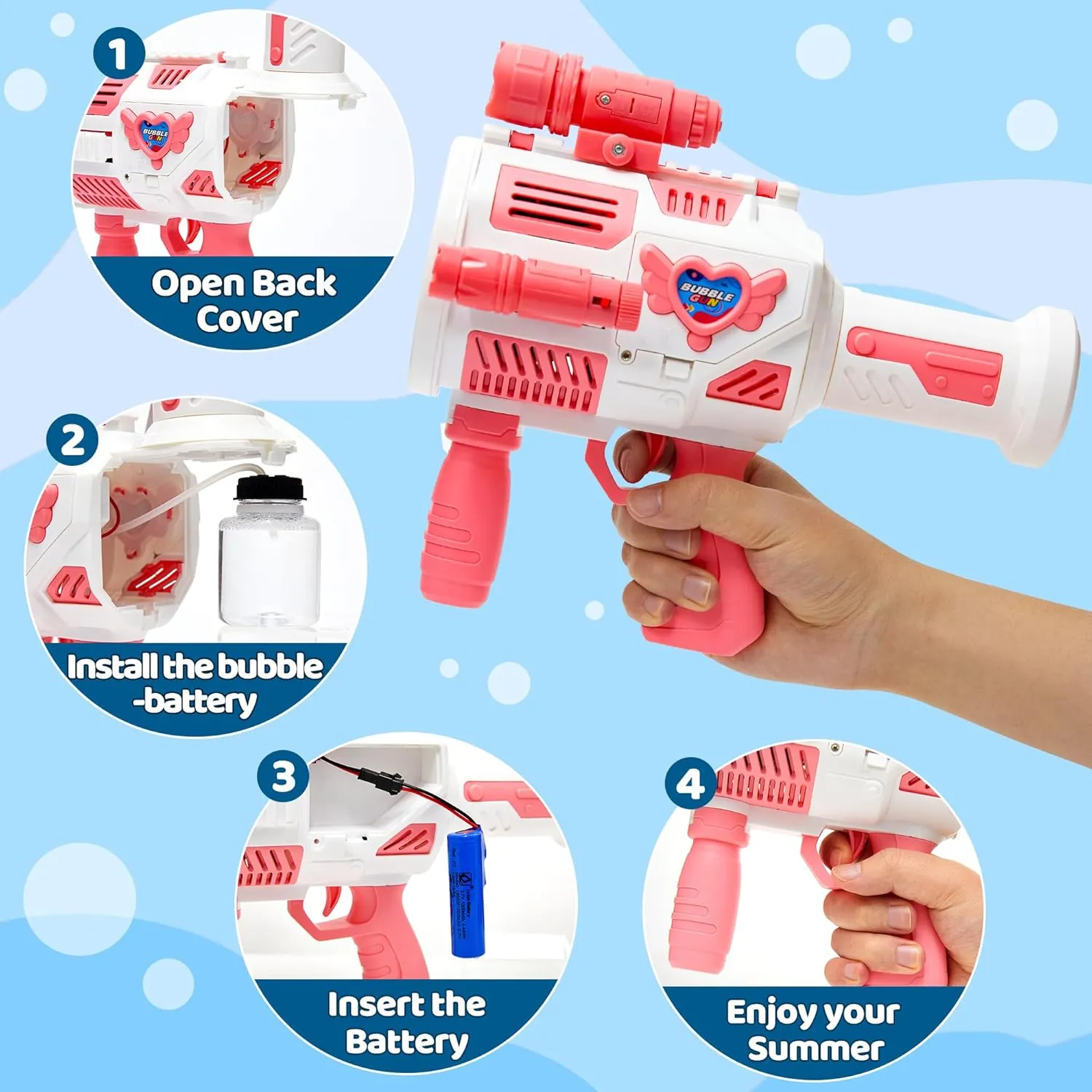 Bubble Gun with Upgraded 4 Fan Drives (Bulit-in 3 oz Bubble Solution), Bubble Machine Gun for Kids Toddlers Adults, Automatic Bubble Blower for Summer Outdoor Party Birthday Wedding Toys